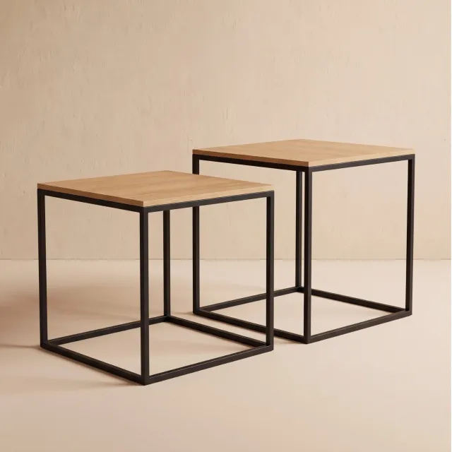 SCENA LIVING Set van 2 vierkante salontafels met verschillende afmetingen, 50 x 50 x 50,5 cm, zwart en bruin Houtkleur