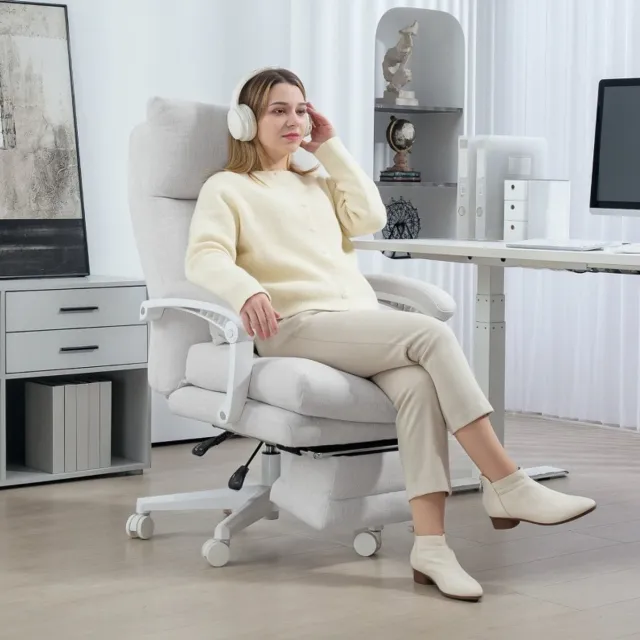 MEUNIQ bureaustoel met lendensteun en hoge rugleuning, verstelbare zithoogte 46-54 cm, 160° kantelbaar met voetsteun en wielen, crème Cream White