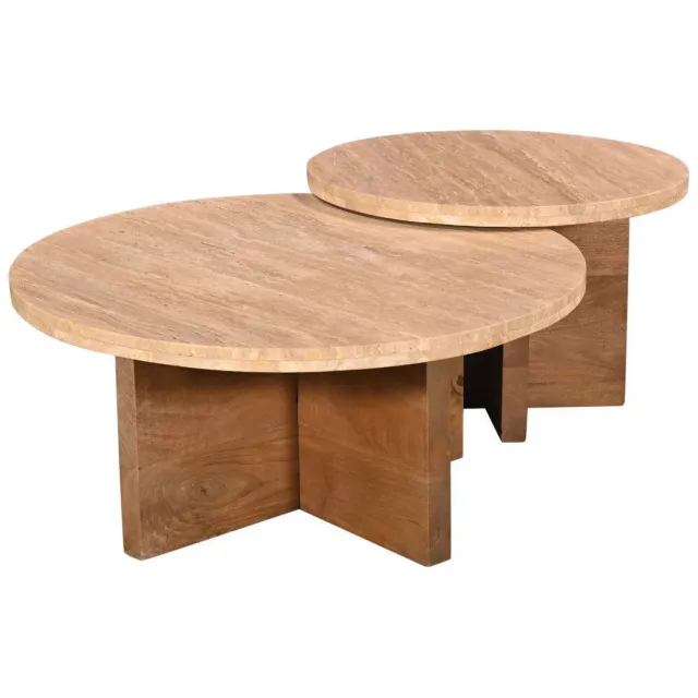 Giga Meubel Salontafel Leno Rond - Travertin/Hout - Naturel - Set van 2