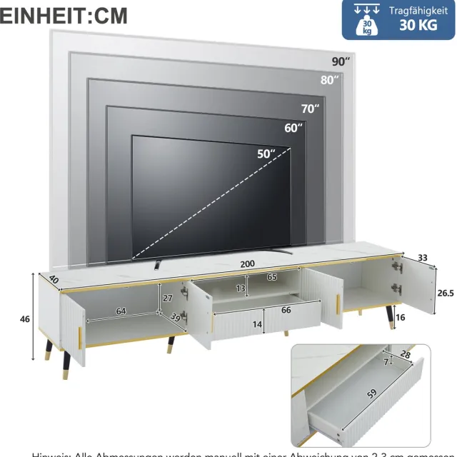 HAUSS SPOLE TV meubel - Modern TV-meubel met Marmor-Optiek, 3 Schubladen en Kabelmanagement - Voor televisies tot 90 inch - Voor woonkamer en slaapkamer - 200x40x46 cm - Spaanplaat - Wit
