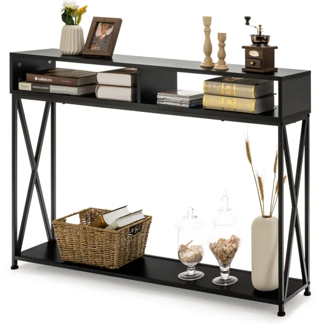Costway Consoletafel met 2 niveaus met open vakken, gangtafel van hout, staand rek, bijzettafel voor inkom, woonkamer en slaapkamer, 120 x 23 x 79 cm (zwart)