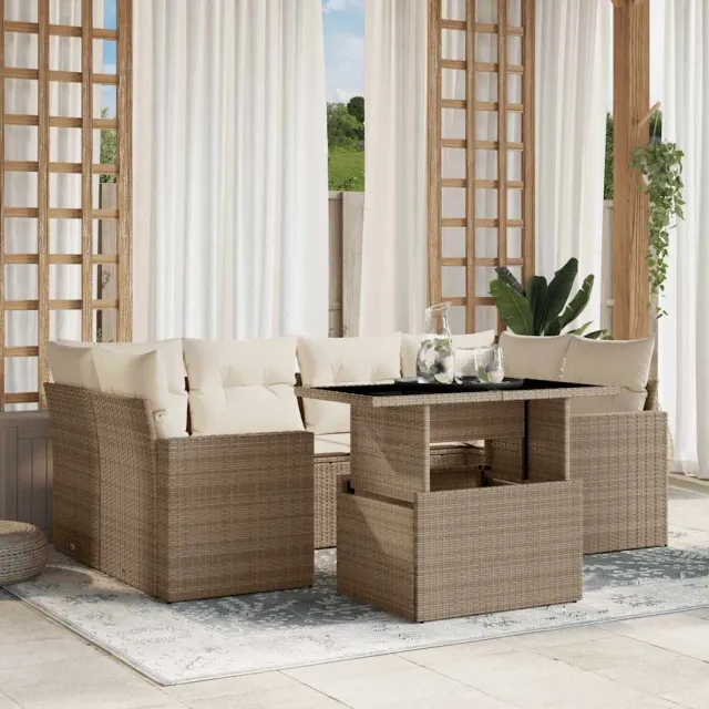 vidaXL 7-delige Loungeset met kussens poly rattan beige, foto 2