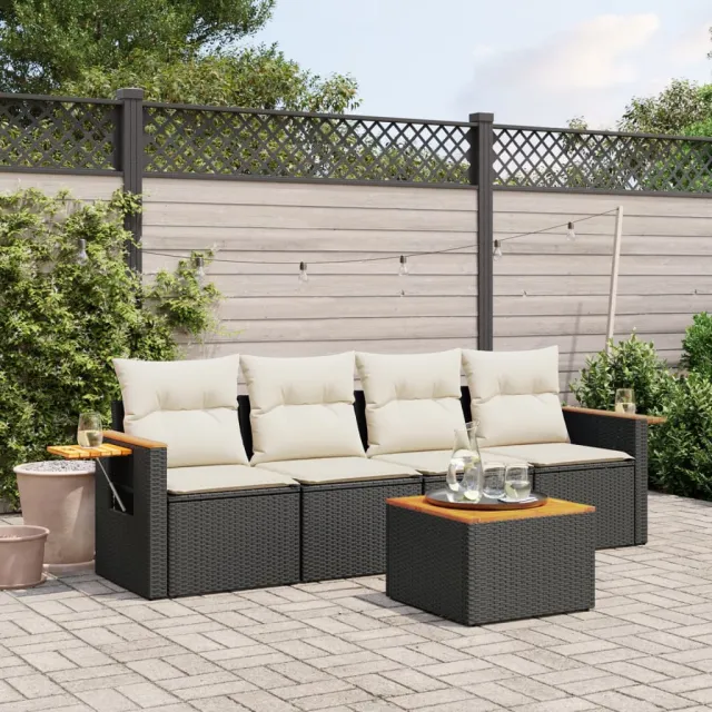 vidaXL 5-delige Loungeset met kussens poly rattan zwart, foto 2