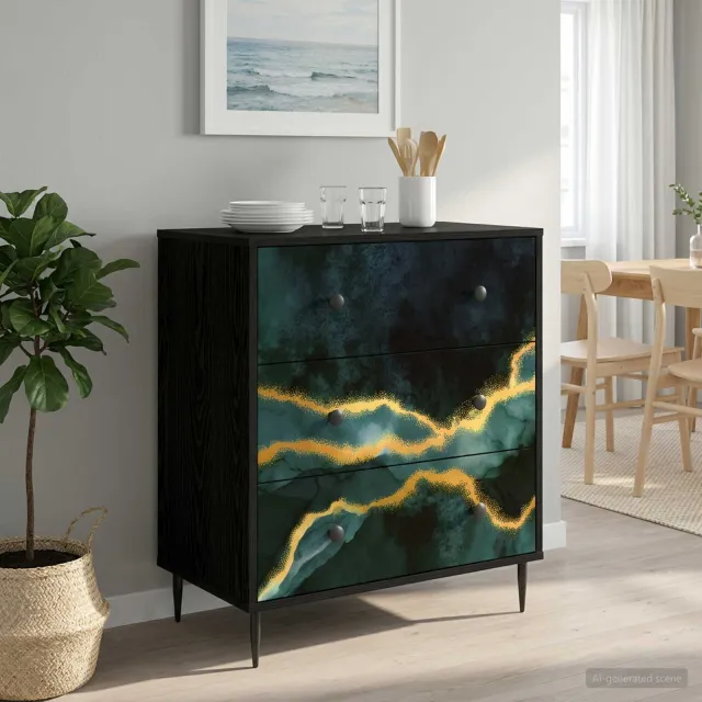 vidaXL Ladekast WIJHE Teal marmerprint 66 x 36,5 x 76 cm Bewerkt hout Zwart