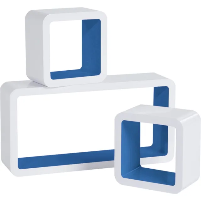 Happyment Wandplank Cube zwevend - Donker blauw/wit - Voor tegen muur - Set van 3 - Wandplanken - Wandrek - Fotoplank kinderkamer - Boekenplank - Hout MDF