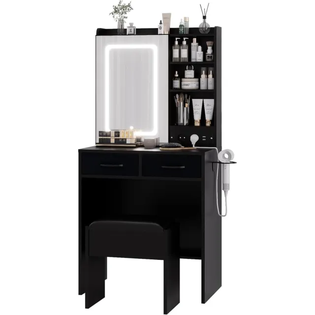 HOERFURIY Moderne Kaptafel met LED Spiegel & Laadstation - Make-up Tafel met 2 Laden - Inclusief Krukje met Opbergruimte - 3 Lichtstanden & Dimbaar - Zwart