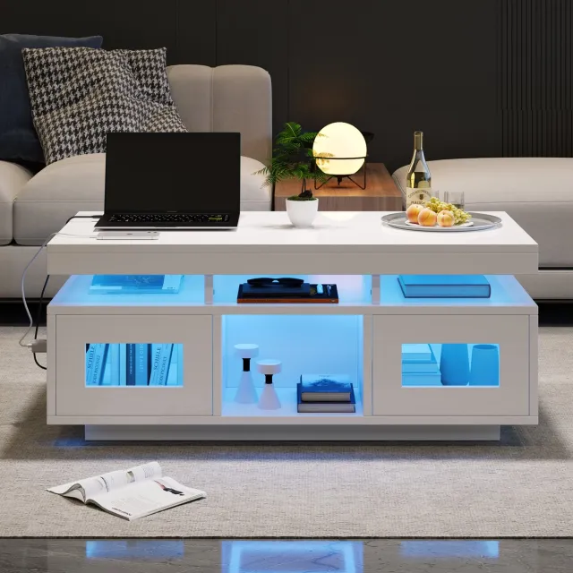 MUVANO Witte Hoogglans Salontafel - Salontafel Met Led Verlichting - Salontafel Met Opbergruimte - 100x50x43 cm - Met Stopcontact En USB - Woonkamer Wit