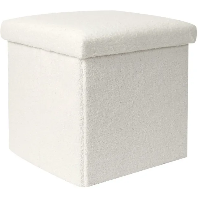 HOME DECO FACTORY Poef/hocker opvouwbaar - bouclé stof - opbergbox - wit - polyester/mdf - 38 x 38 cm