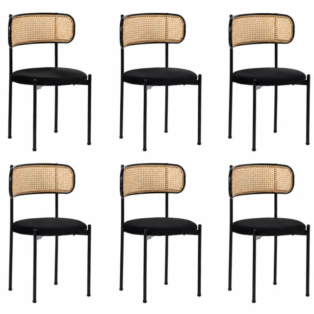 MUVANO Fluwelen eetkamerstoelen set van 6 - Moderne eetkamerstoel met rotan rugleuning - Velours stoel - 150 kg - Ergonomisch - Woonkamer Zwart