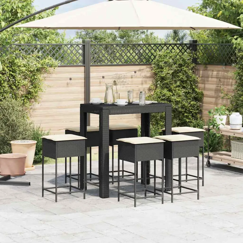 vidaXL 7-delige Tuinbarset met kussens poly rattan zwart, foto 2