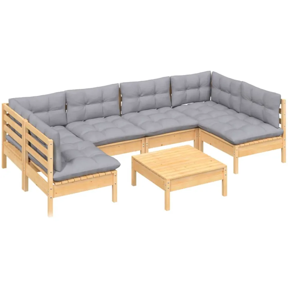 vidaXL 7-delige Loungeset met grijze kussens massief grenenhout Grijs