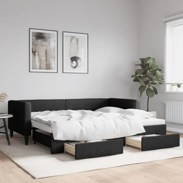 vidaXL Slaapbank met onderschuifbed en lades 90x200 cm stof zwart