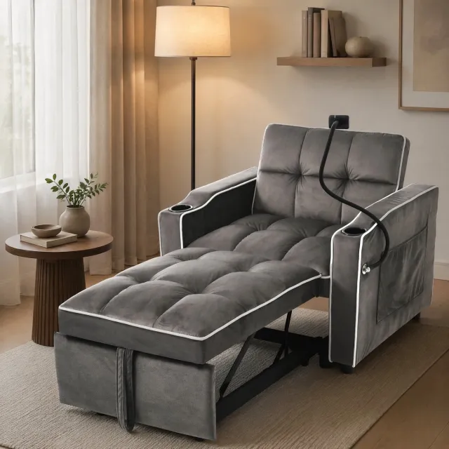 MEUNIQ 3-in-1 uitschuifbare 1-zits slaapbank met verstelbare rugleuning, bekerhouders, telefoonhouder en zijvak voor woonkamer, donkergrijs Antiek donkergrijs
