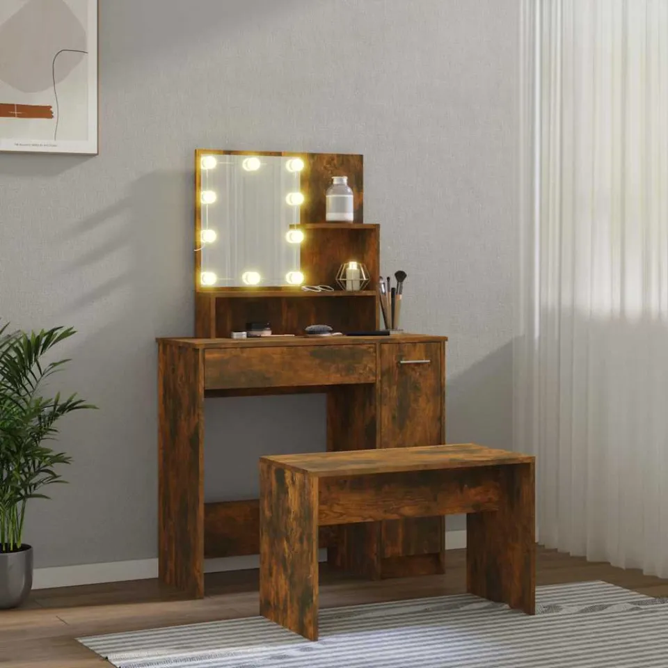 vidaXL Kaptafelset met LED's bewerkt hout gerookt eiken, foto 3