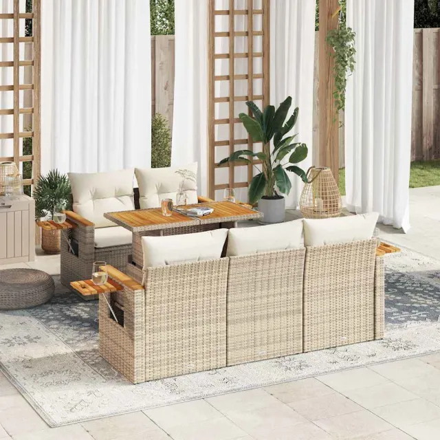 vidaXL 6-delige Loungeset met kussens poly rattan acacia beige, foto 2