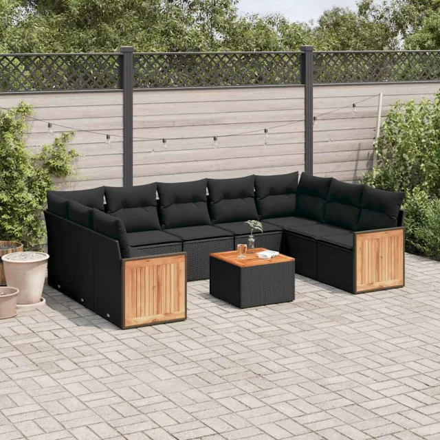 vidaXL 10-delige Loungeset met kussens poly rattan zwart, foto 2