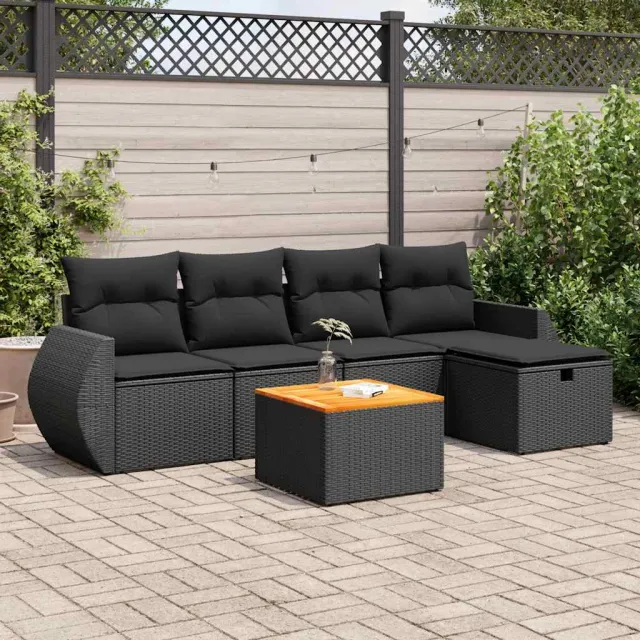 vidaXL 6-delige Loungeset met kussens poly rattan zwart, foto 2