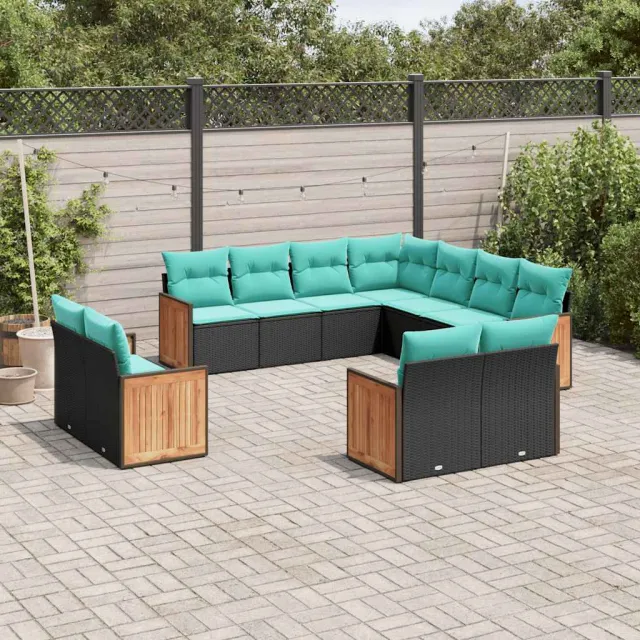 vidaXL 11-delige tuinbankset met kussens, zwart polyrotan, foto 2