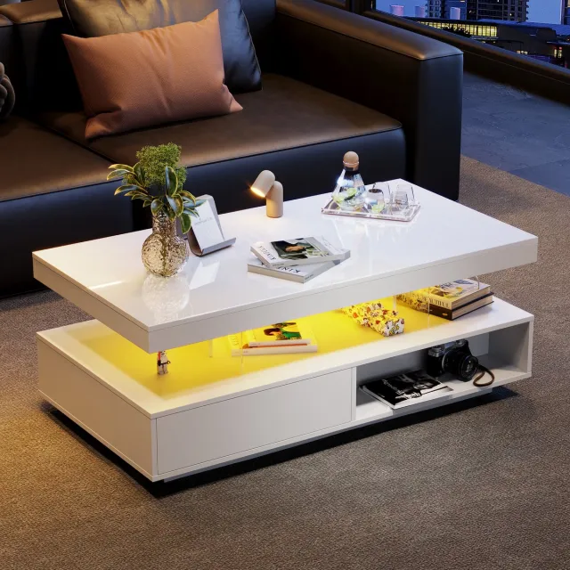 MUVANO Salontafel Hoogglans Wit - Salontafel Met Led Verlichting - Moderne Woonkamertafel - 95x50x42,5 cm - App Bediening - Woonkamer Wit