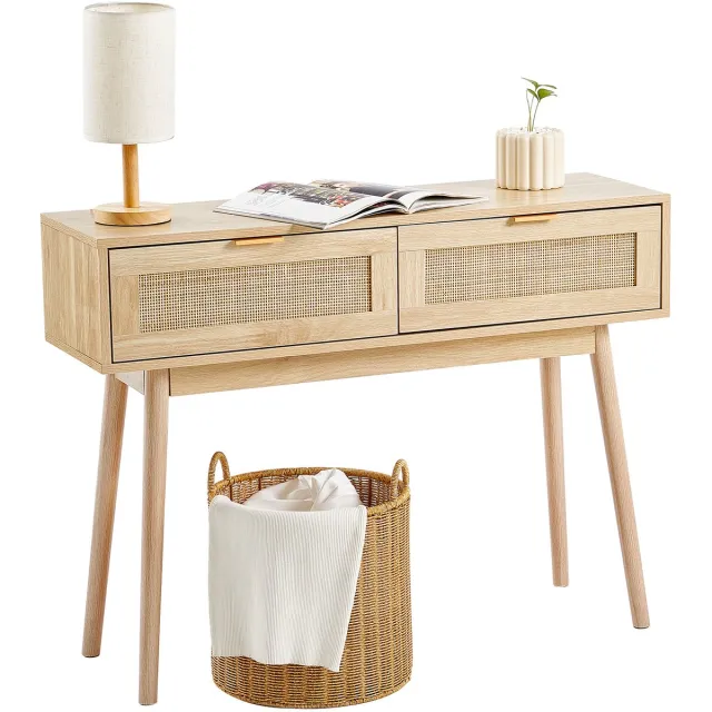 Vevor Rotan Consoletafel, Haltafel, Decoratieve Tafel, 2 Lades, Schuifdeuren, Naturel Bruin