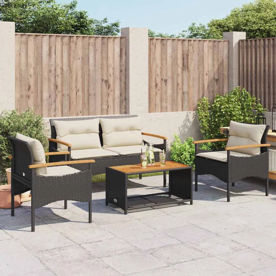 vidaXL 4-delige Loungeset met kussens poly rattan zwart, foto 2