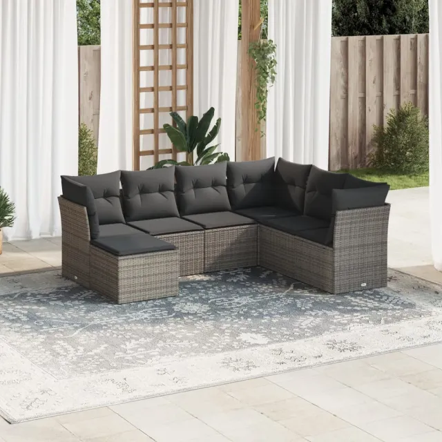 vidaXL 7-delige Loungeset met kussens poly rattan grijs, foto 2