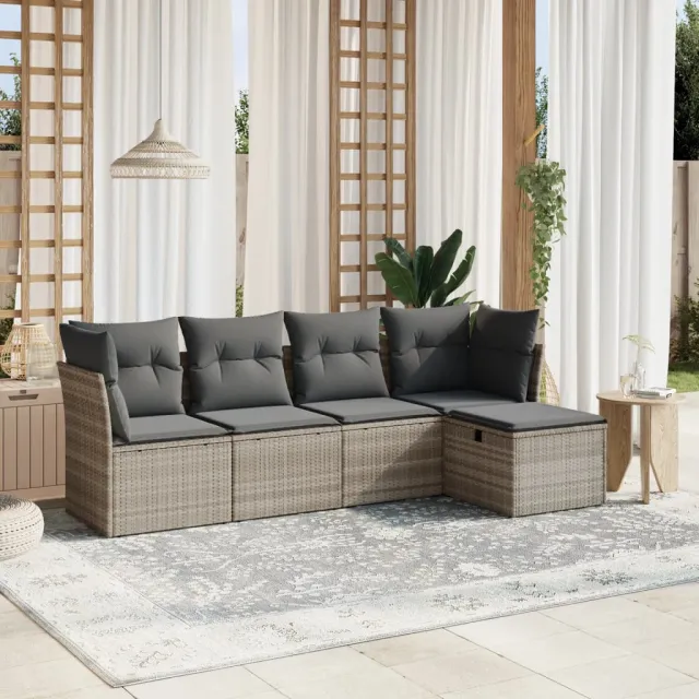 vidaXL 5-delige Loungeset met kussens poly rattan lichtgrijs grijs, foto 2