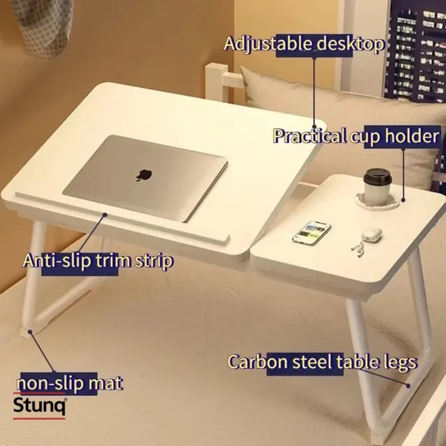 Stunq Opvouwbare Laptoptafel Wit – Verstelbare Bedtafel met Bekerhouder en Antislip Rand