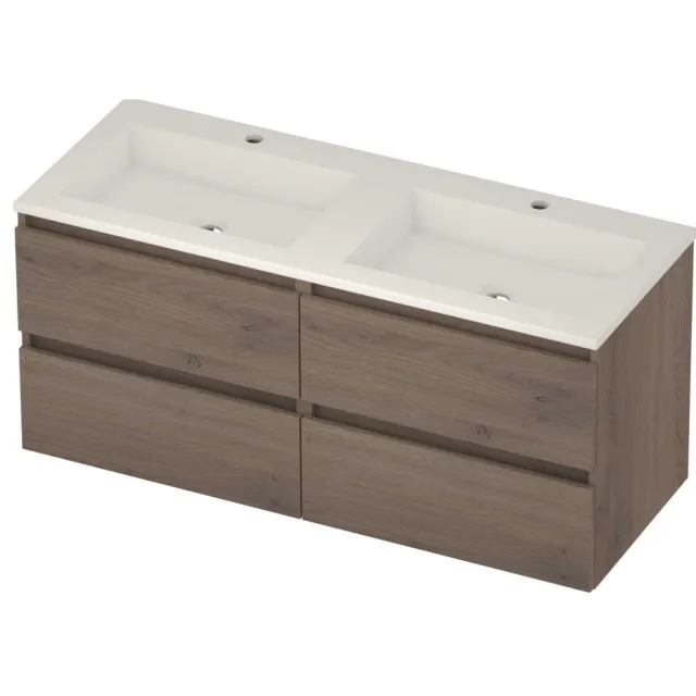 Basic-Line Aura 46 Badmeubelset Acryl 2 Kraangaten Greeploos 120x46x54 cm Dusk Oak Glans Wit