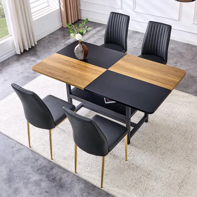 MIVRAY Eettafelset 160 cm - Met 4 Stoelen En Opbergplank - Voor Eetkamer En Keuken - MDF Metaal En PU-Leer - Zwart Wit Goud