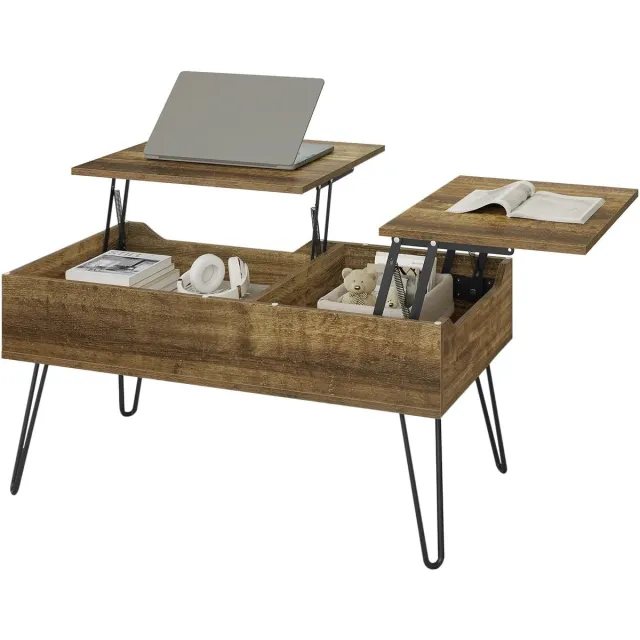 Klarven Salontafel met Opbergruimte Hout vintage - Salontafel met Lade - Salontafel - Verstelbaar liftblad voor werken en eten - 2 opbergvakken - Draagvermogen 50 kg - B90-115xd45-60xh50-75cm vintage wood