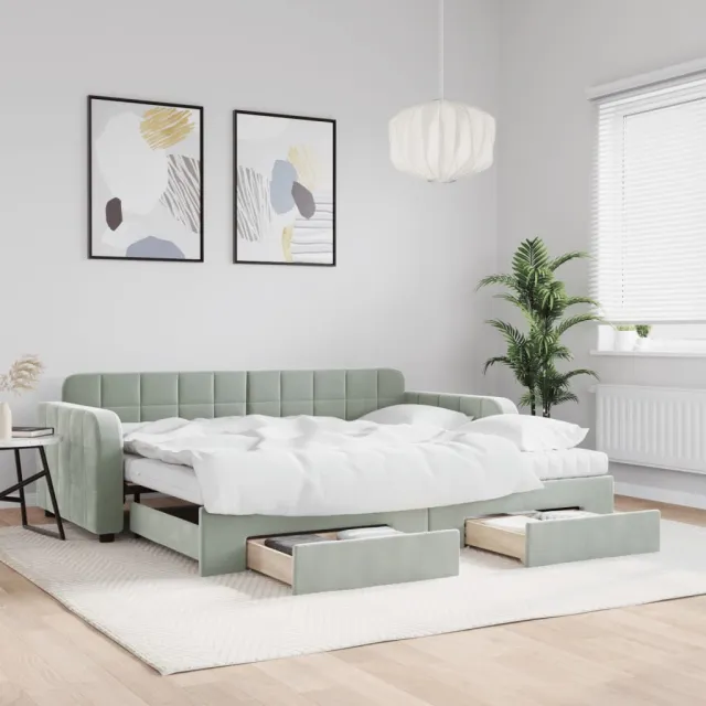 vidaXL Slaapbank onderschuifbed en lades 90x190 cm fluweel lichtgrijs grijs