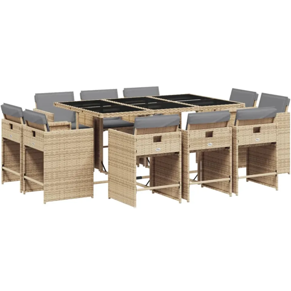 vidaXL 11-delige Tuinset met kussens poly rattan gemengd beige