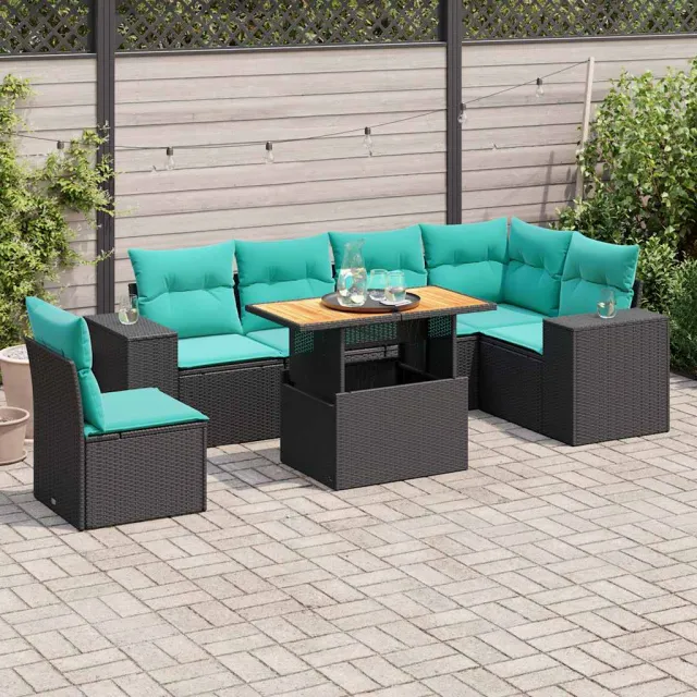 vidaXL 7-delige Loungeset met kussens poly rattan zwart, foto 2