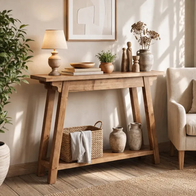 Little Trees LITTLE TREE Smalle Sidetable - 105 x 30 x 80 Cm - Massief Hout - 2-Laags Landhuisstijl Met A-Frame - Haltafel Voor Entree En Woonkamer - Rustiek Bruin