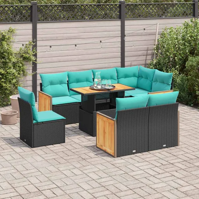 vidaXL 9-delige Loungeset met kussens poly rattan acacia zwart, foto 2