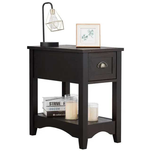 Costway Bijzettafel met lade en plank, 2 verdiepingen tellende salontafel, smal nachtkastje, koffietafel voor woonkamer, slaapkamer, 56 x 33 x 58,5 cm (walnoot)