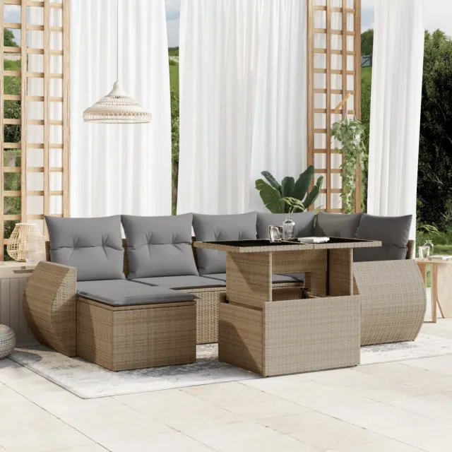 vidaXL 7-delige Loungeset met kussens poly rattan beige, foto 2