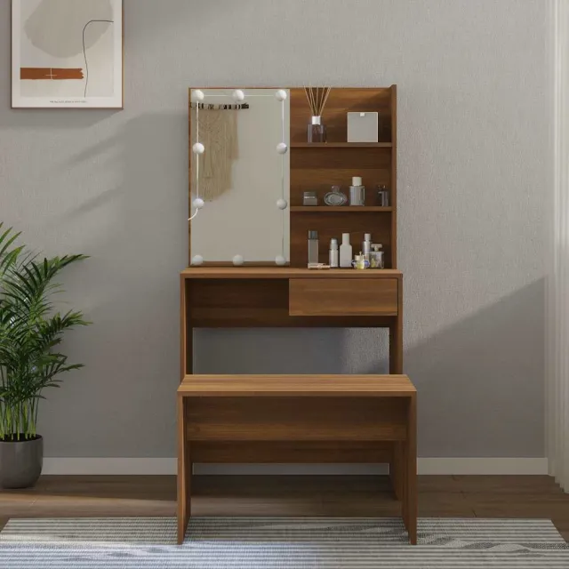 vidaXL Kaptafelset met LED-verlichting bewerkt hout bruin eikenkleur