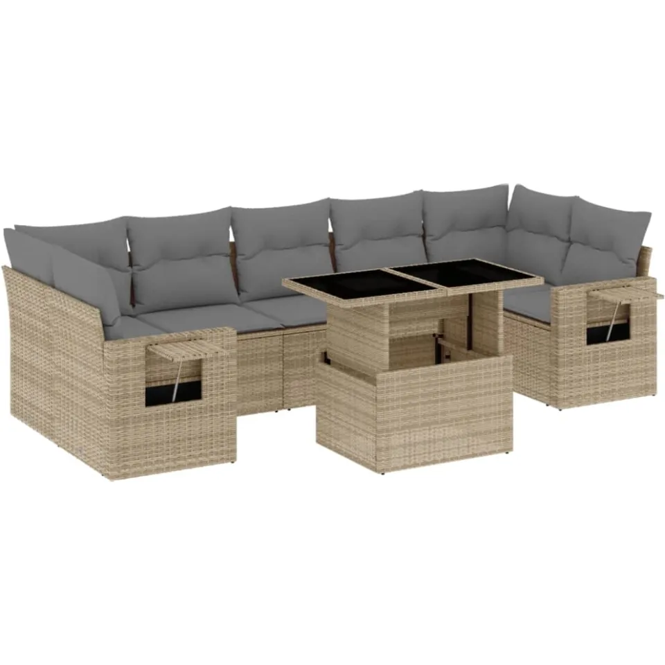 vidaXL 8-delige Loungeset met kussens poly rattan beige, foto 3