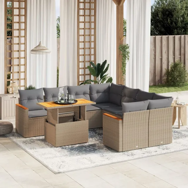 vidaXL 9-delige Loungeset met kussens poly rattan beige, foto 2
