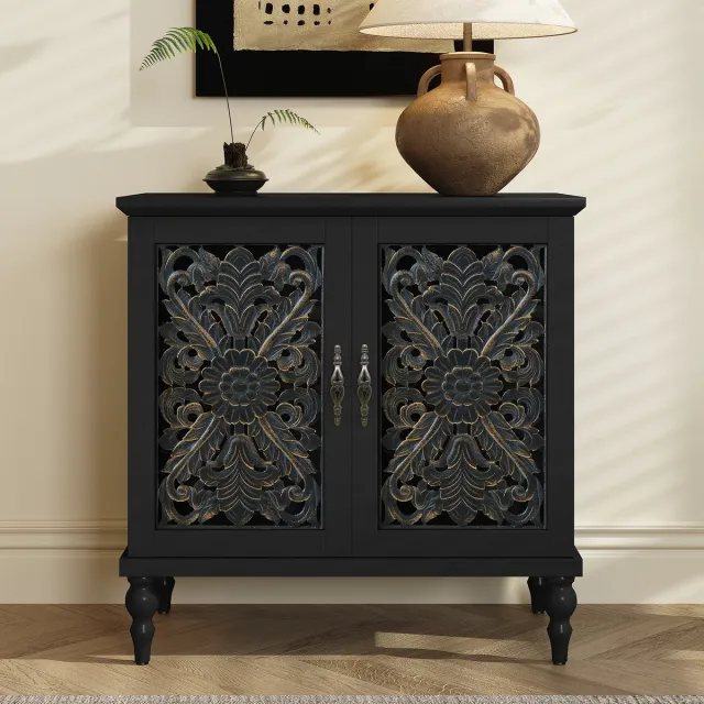 HOLTICO Vintage dressoir - Hout -zwart- Met holle bloemsnijwerk voor woonkamer, eetkamer en keuken