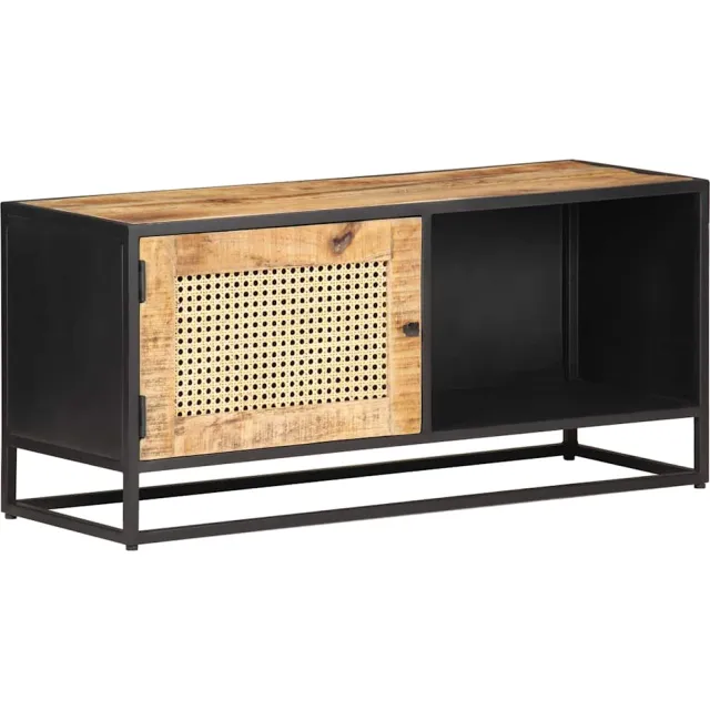 vidaXL Tv-meubel 90x30x40 cm ruw mangohout en natuurlijk riet Bruin