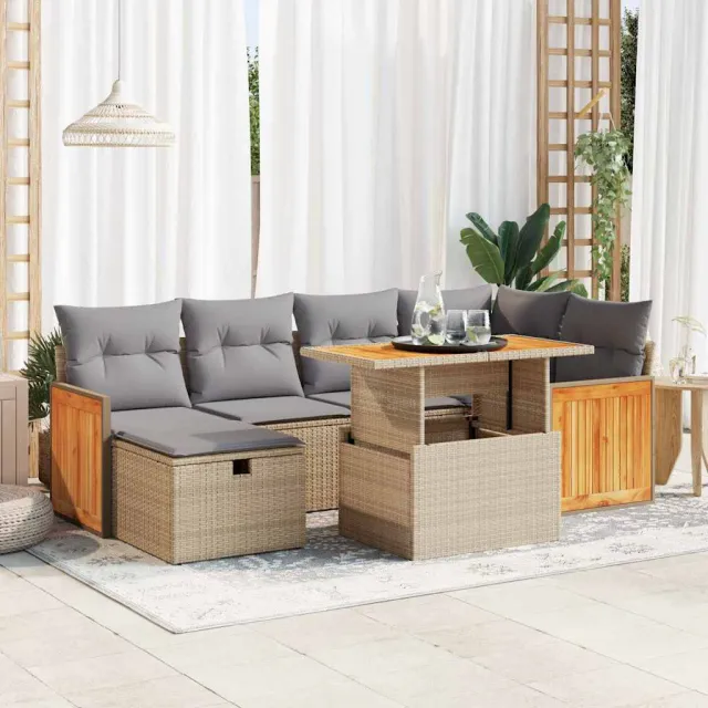 vidaXL 7-delige Loungeset met kussens poly rattan acacia beige, foto 2