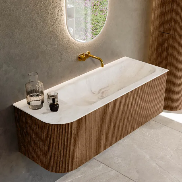 Mondiaz KURVE-DLUX 125 cm Onderkast Greeploos 1 Lade Met Deuren Walnut, Wastafel Solid Surface Rechts Frappe 0 Kraangaten Zonder Spiegel (KRVBGM125L1L1D0KR-Wal/Fra)