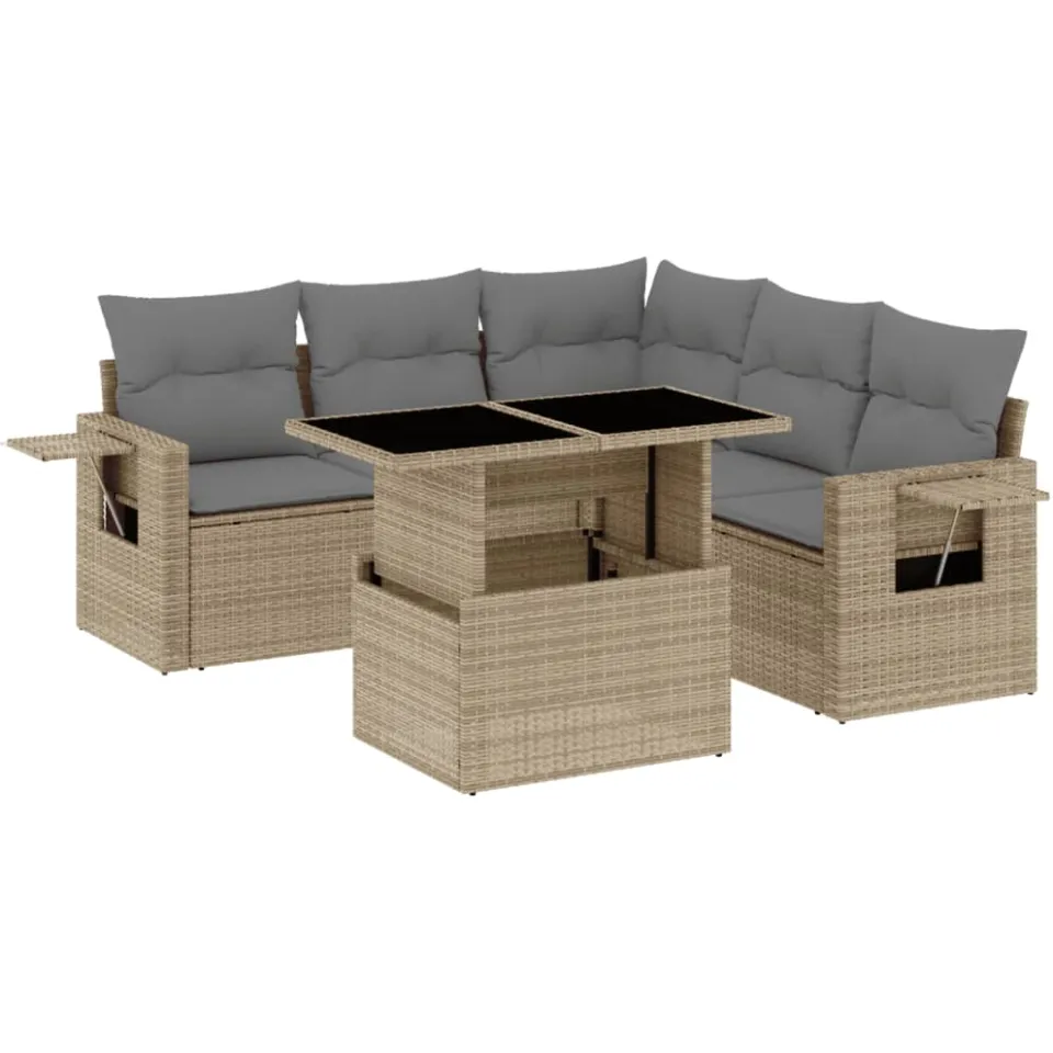 vidaXL 6-delige Loungeset met kussens poly rattan beige, foto 3