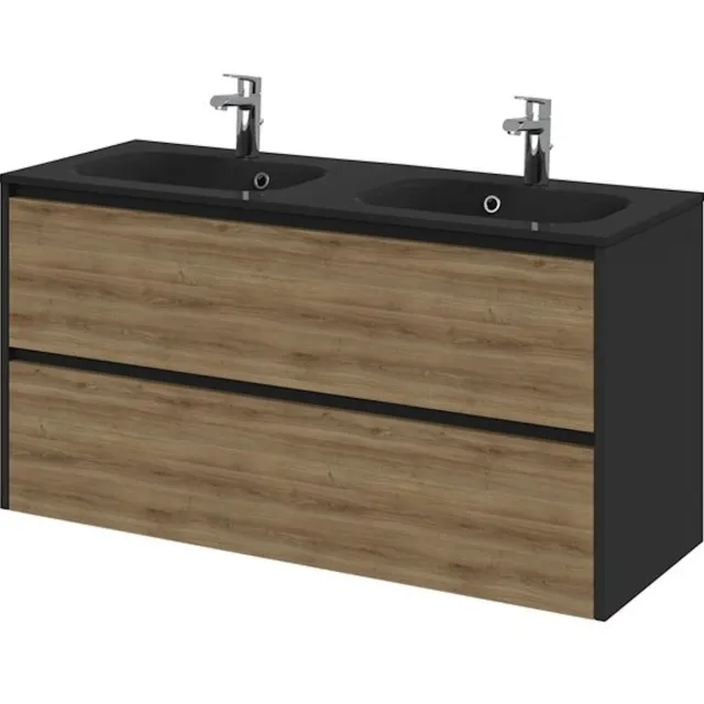 Tiger Reverse Meubelset 120 cm met 2 lades Chalet eik - Mat zwart incl Oval wastafel dubbel Mat zwart - 800325 Eiken