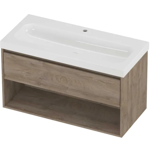 Proline Haga Badmeubelset Polystone Mezza 1 Kraangat Met Schap 100x46x58 cm Glans Wit Raw Oak Eiken