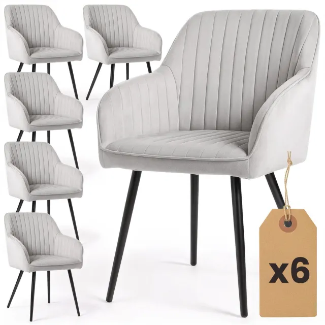 Akord Set van 6 Eetkamerstoelen FLORENCE met Armleuningen / Gestoffeerde Stoelen / Fluwelen Stoelen en Metalen Poten / Grijs met zwarte benen