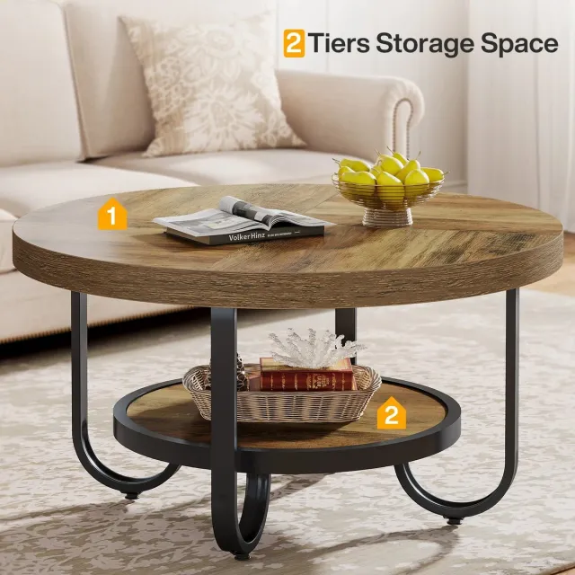 Questyr Ronde Salontafel – 79 cm – 2‑Laags – Donker Kaki – Moderne Houten Salontafel met Metalen Frame – Woonkamer Tafel met Opbergplank Donker Kaki / Zwart frame